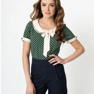 Unique Vintage Bea Blouse polka Dot Green Blouse with Bow